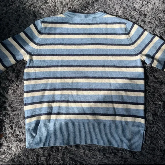 Nordstrom Signature Cashmere Sweater Blue & White with Ribbed Details - Picture 6 of 7